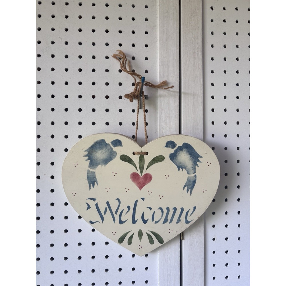 Rustic Farmhouse Cottagecore Heart WELCOME Hanging Sign Birds Hand Painted Wood